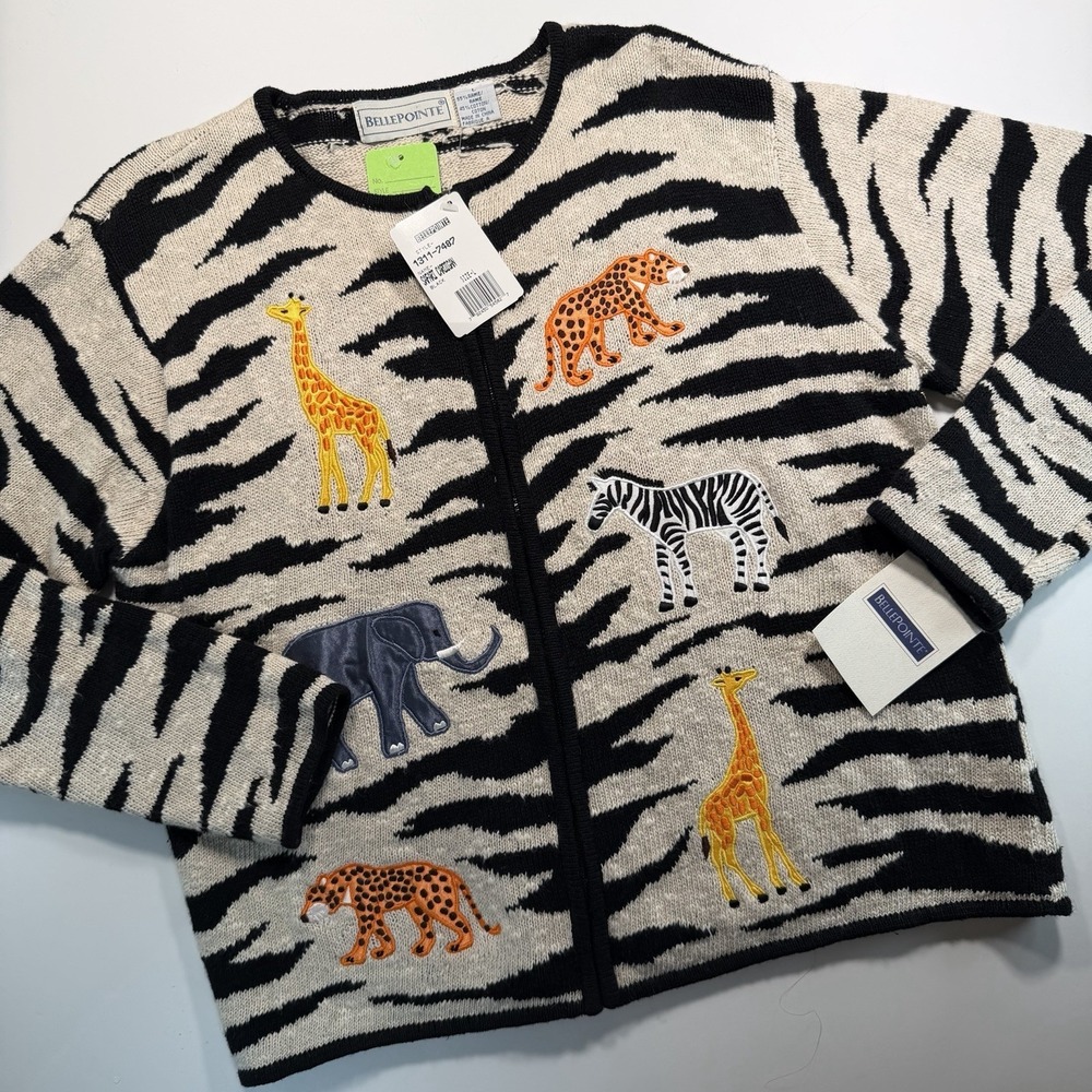Belle Pointe Vintage Sweater L Safari Animals Zebra Print Zip Front New With Tag